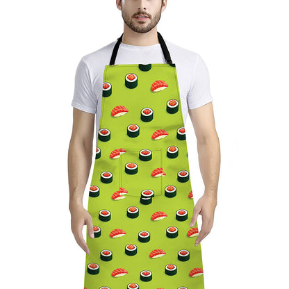 Salmon Sushi And Rolls Pattern Print Bib Apron With Pocket