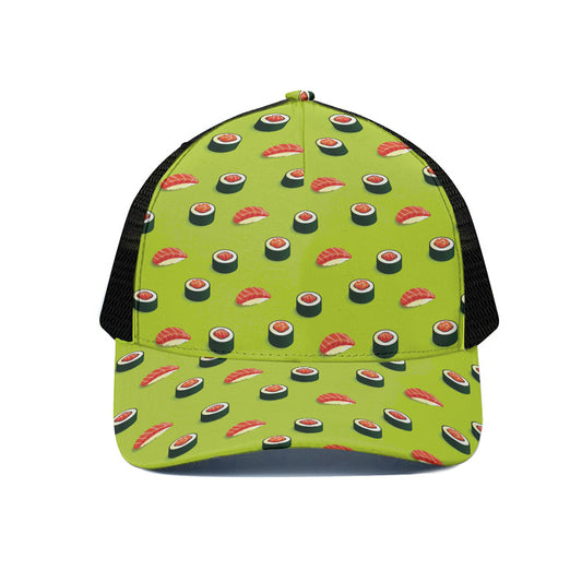 Salmon Sushi And Rolls Pattern Print Black Mesh Trucker Cap