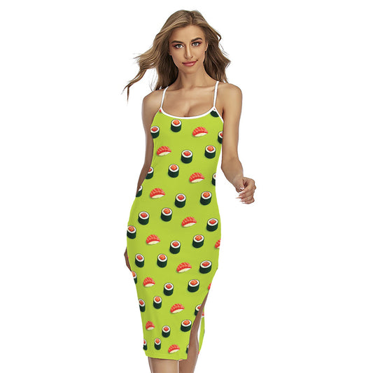 Salmon Sushi And Rolls Pattern Print Cross Back Cami Dress