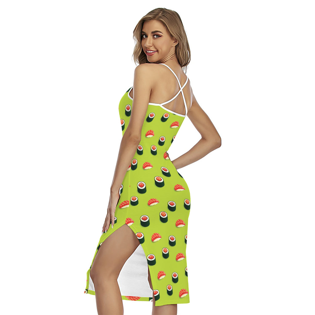 Salmon Sushi And Rolls Pattern Print Cross Back Cami Dress