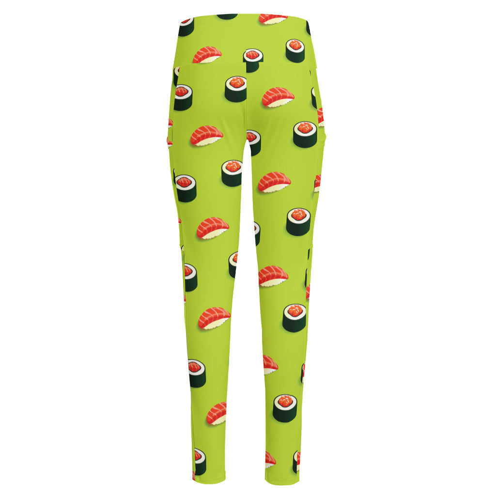 Salmon Sushi And Rolls Pattern Print High-Waisted Pocket Leggings