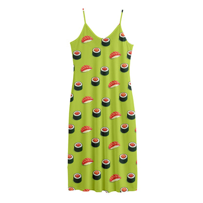Salmon Sushi And Rolls Pattern Print Jersey Midi Cami Dress