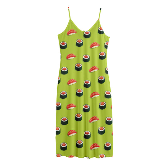 Salmon Sushi And Rolls Pattern Print Jersey Midi Cami Dress