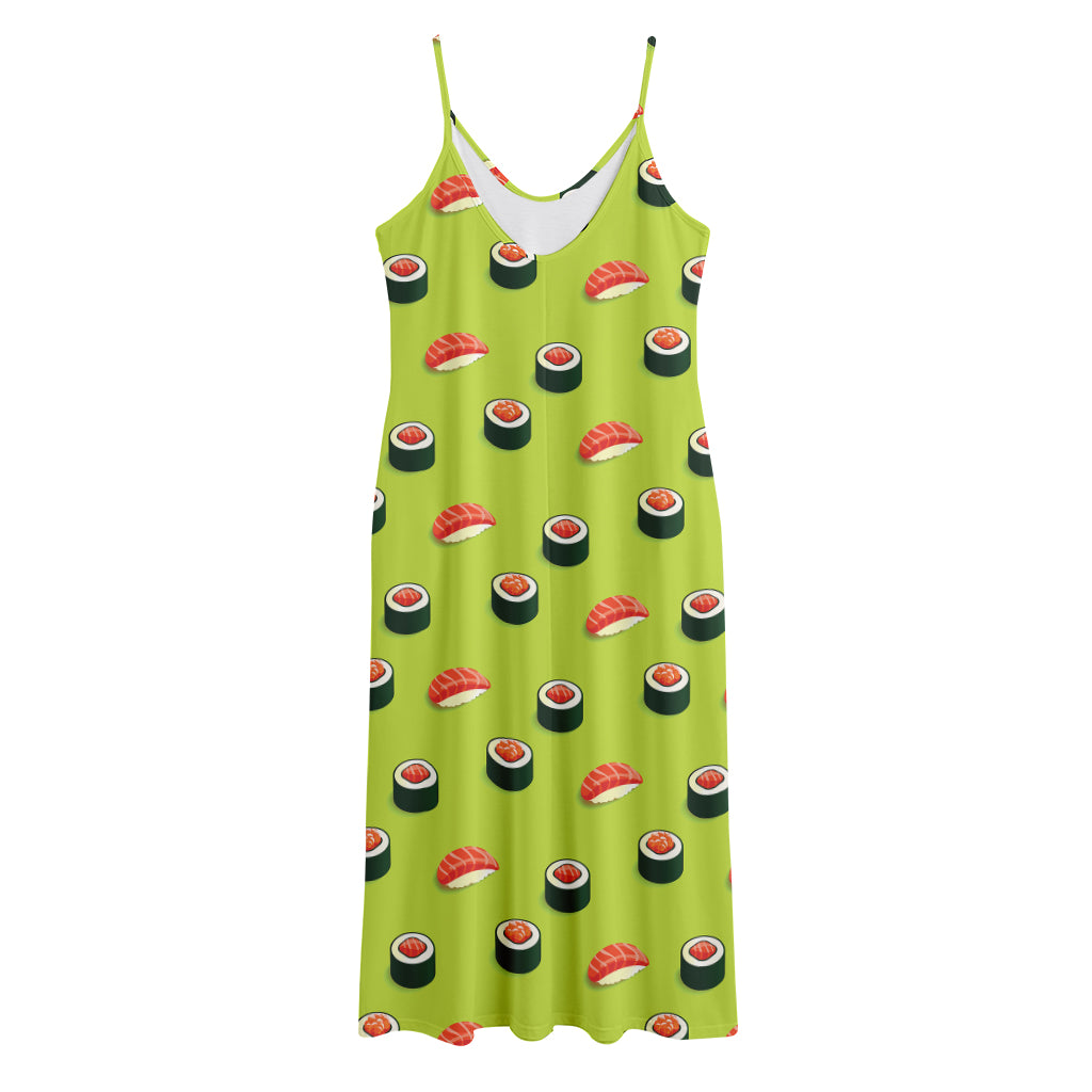 Salmon Sushi And Rolls Pattern Print Jersey Midi Cami Dress