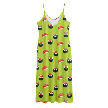 Salmon Sushi And Rolls Pattern Print Jersey Midi Cami Dress