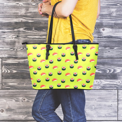 Salmon Sushi And Rolls Pattern Print Leather Tote Bag