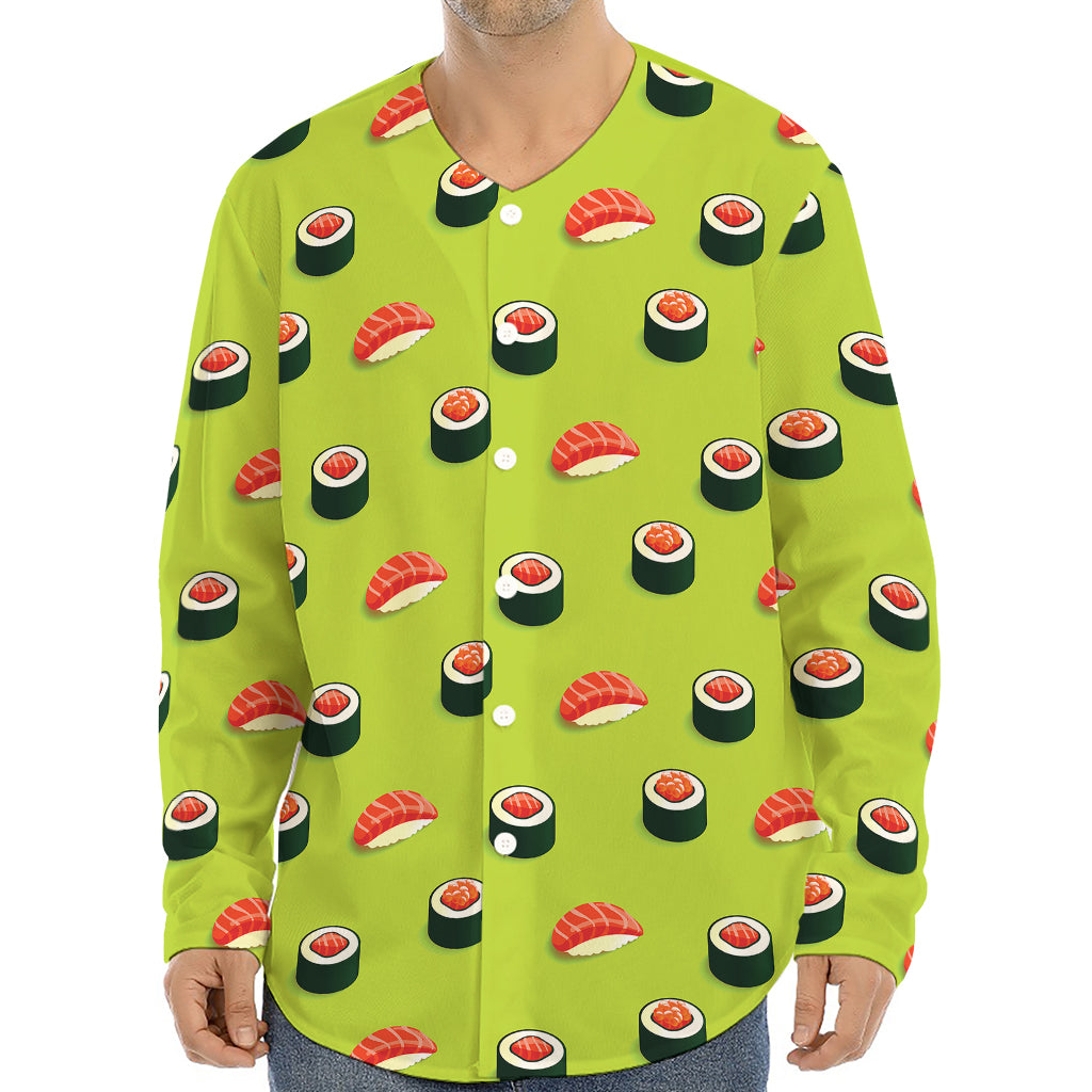 Salmon Sushi And Rolls Pattern Print Long Sleeve Baseball Jersey