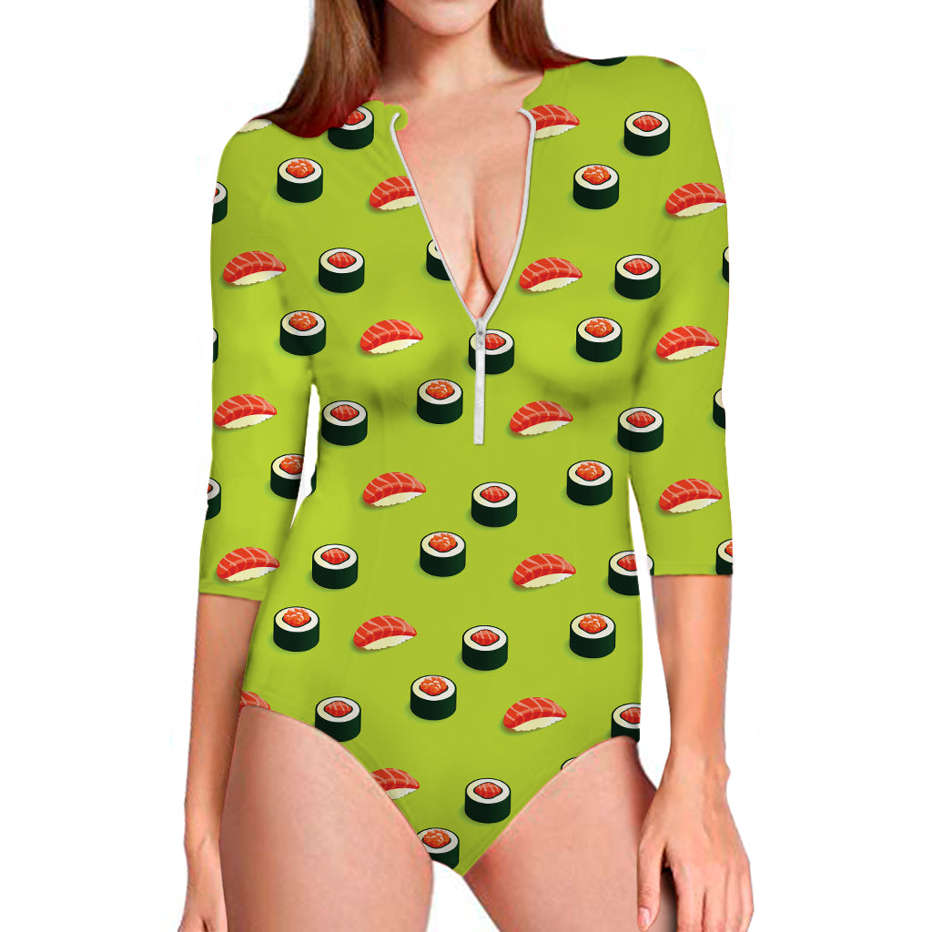 Salmon Sushi And Rolls Pattern Print Long Sleeve Swimsuit