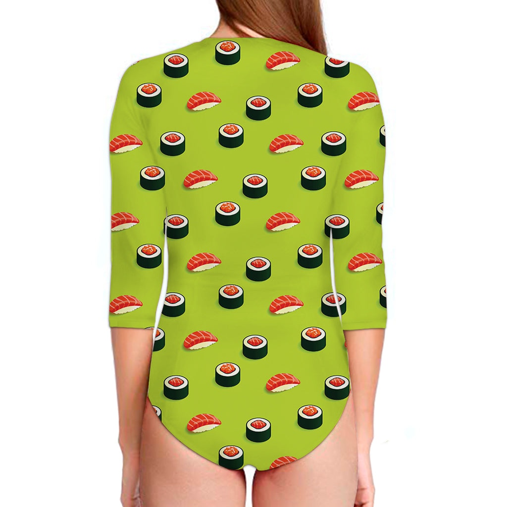 Salmon Sushi And Rolls Pattern Print Long Sleeve Swimsuit