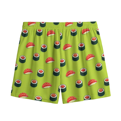 Salmon Sushi And Rolls Pattern Print Mesh Shorts