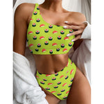 Salmon Sushi And Rolls Pattern Print One Shoulder Bikini Top