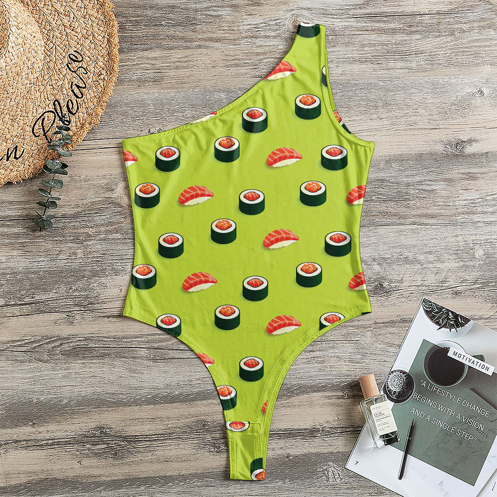 Salmon Sushi And Rolls Pattern Print One Shoulder Bodysuit