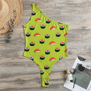 Salmon Sushi And Rolls Pattern Print One Shoulder Bodysuit