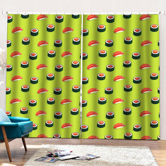 Salmon Sushi And Rolls Pattern Print Pencil Pleat Curtains