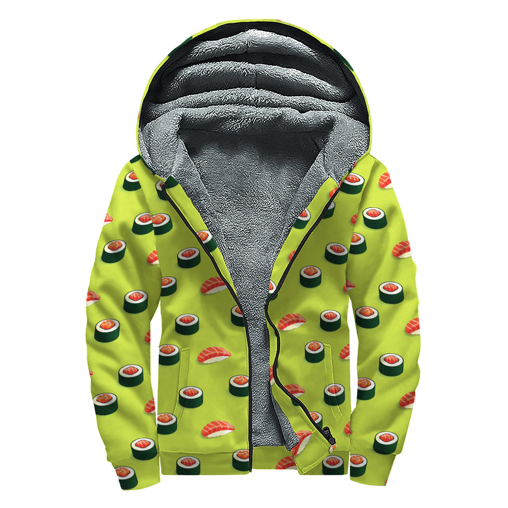 Salmon Sushi And Rolls Pattern Print Sherpa Lined Zip Up Hoodie