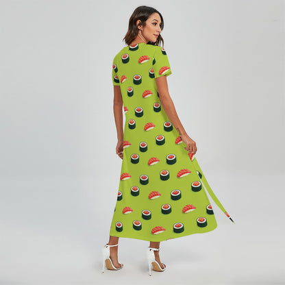 Salmon Sushi And Rolls Pattern Print Short Sleeve Maxi Dress