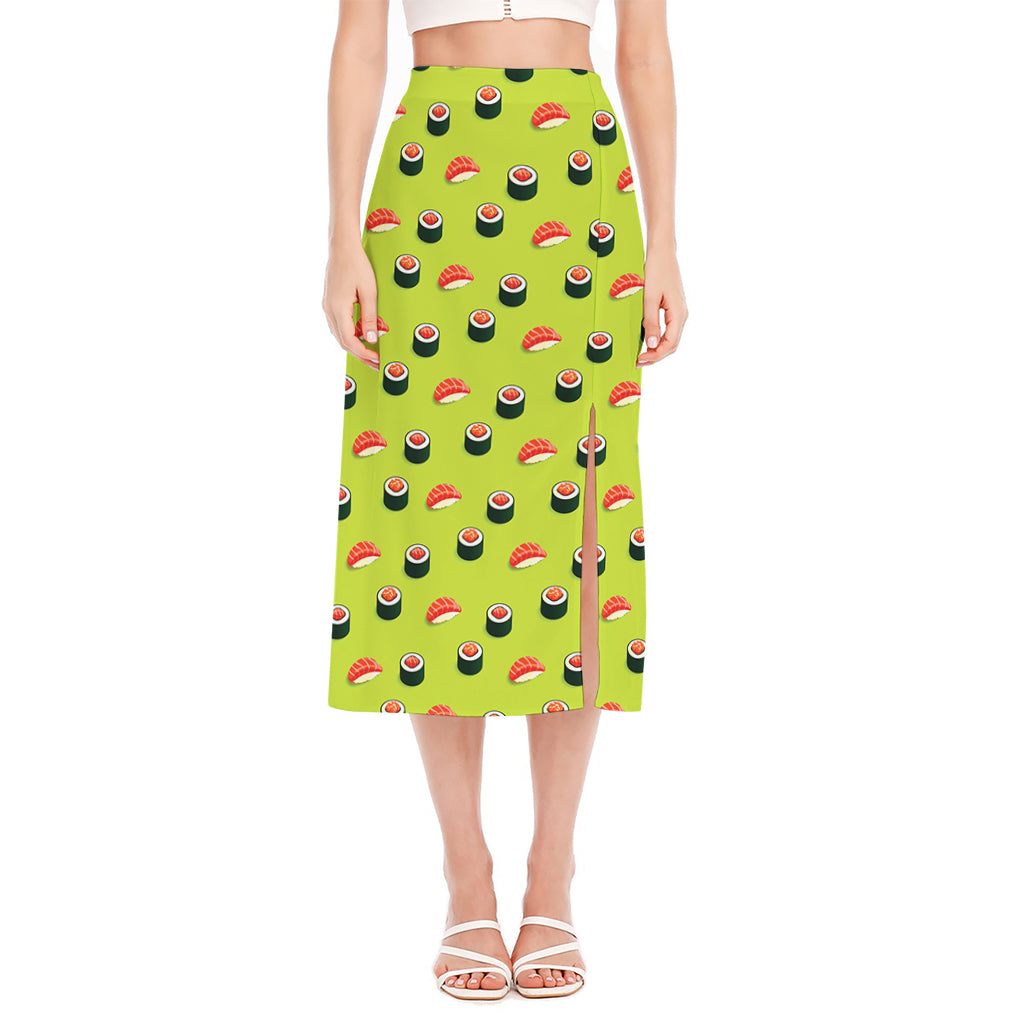 Salmon Sushi And Rolls Pattern Print Side Slit Midi Skirt
