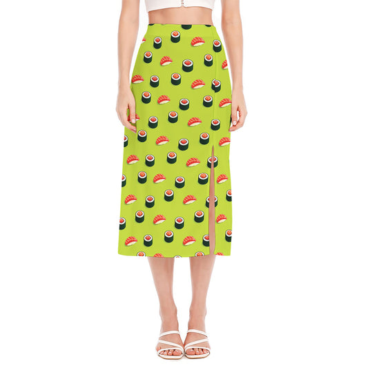 Salmon Sushi And Rolls Pattern Print Side Slit Midi Skirt