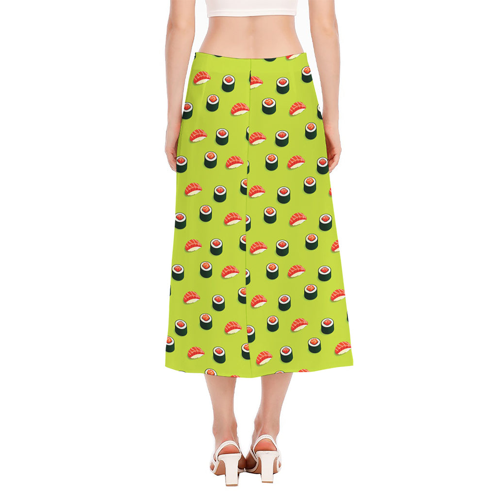Salmon Sushi And Rolls Pattern Print Side Slit Midi Skirt