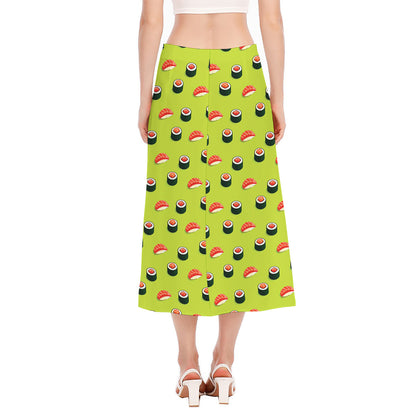 Salmon Sushi And Rolls Pattern Print Side Slit Midi Skirt