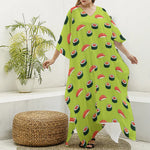 Salmon Sushi And Rolls Pattern Print Silk V-Neck Kaftan Dress