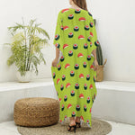 Salmon Sushi And Rolls Pattern Print Silk V-Neck Kaftan Dress