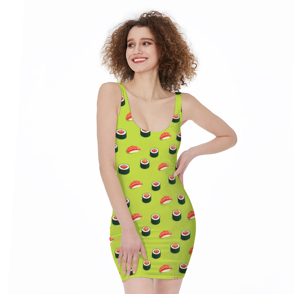 Salmon Sushi And Rolls Pattern Print Sleeveless Bodycon Dress