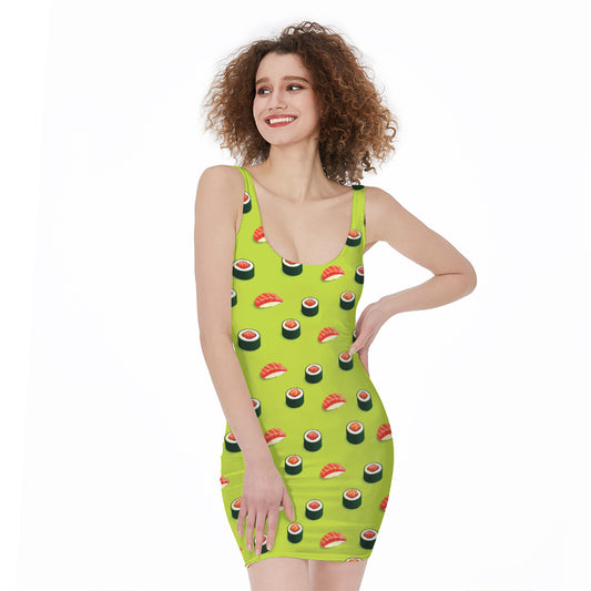 Salmon Sushi And Rolls Pattern Print Sleeveless Bodycon Dress