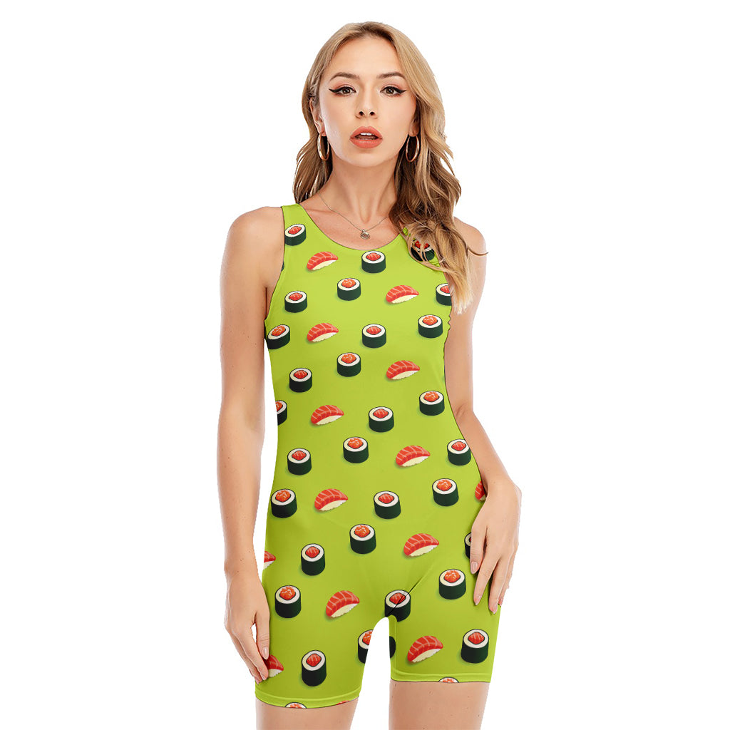 Salmon Sushi And Rolls Pattern Print Sleeveless One Piece Swimsuit