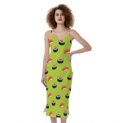 Salmon Sushi And Rolls Pattern Print Slim Fit Midi Cami Dress