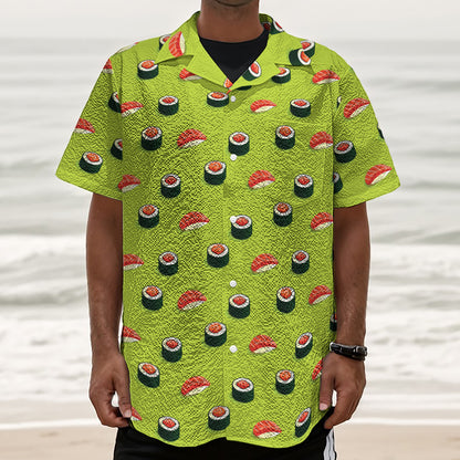 Salmon Sushi And Rolls Pattern Print Textured Short Sleeve Shirt