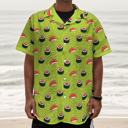Salmon Sushi And Rolls Pattern Print Textured Short Sleeve Shirt