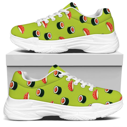 Salmon Sushi And Rolls Pattern Print White Chunky Shoes
