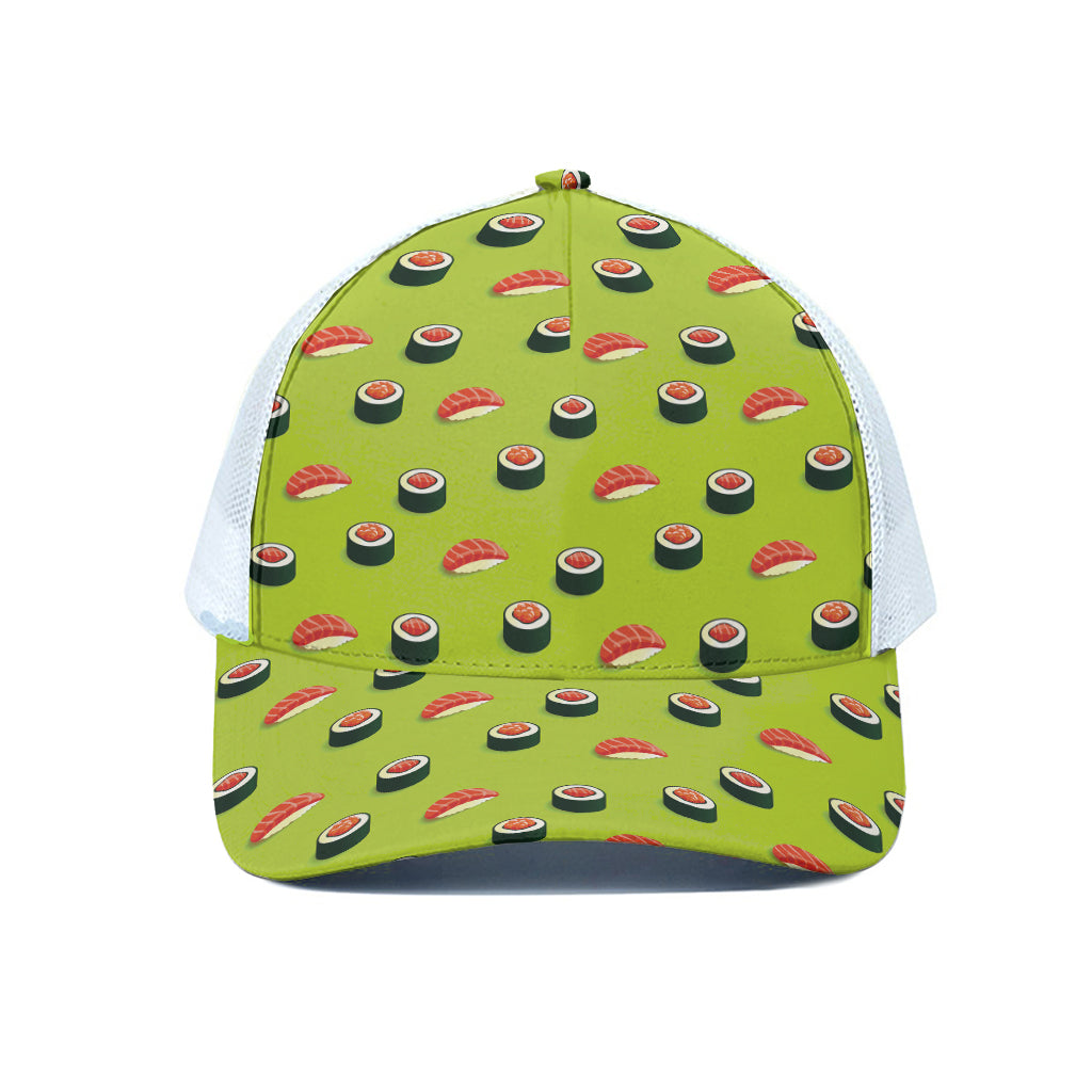 Salmon Sushi And Rolls Pattern Print White Mesh Trucker Cap