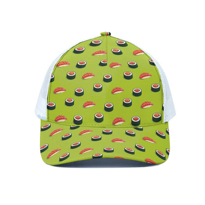 Salmon Sushi And Rolls Pattern Print White Mesh Trucker Cap