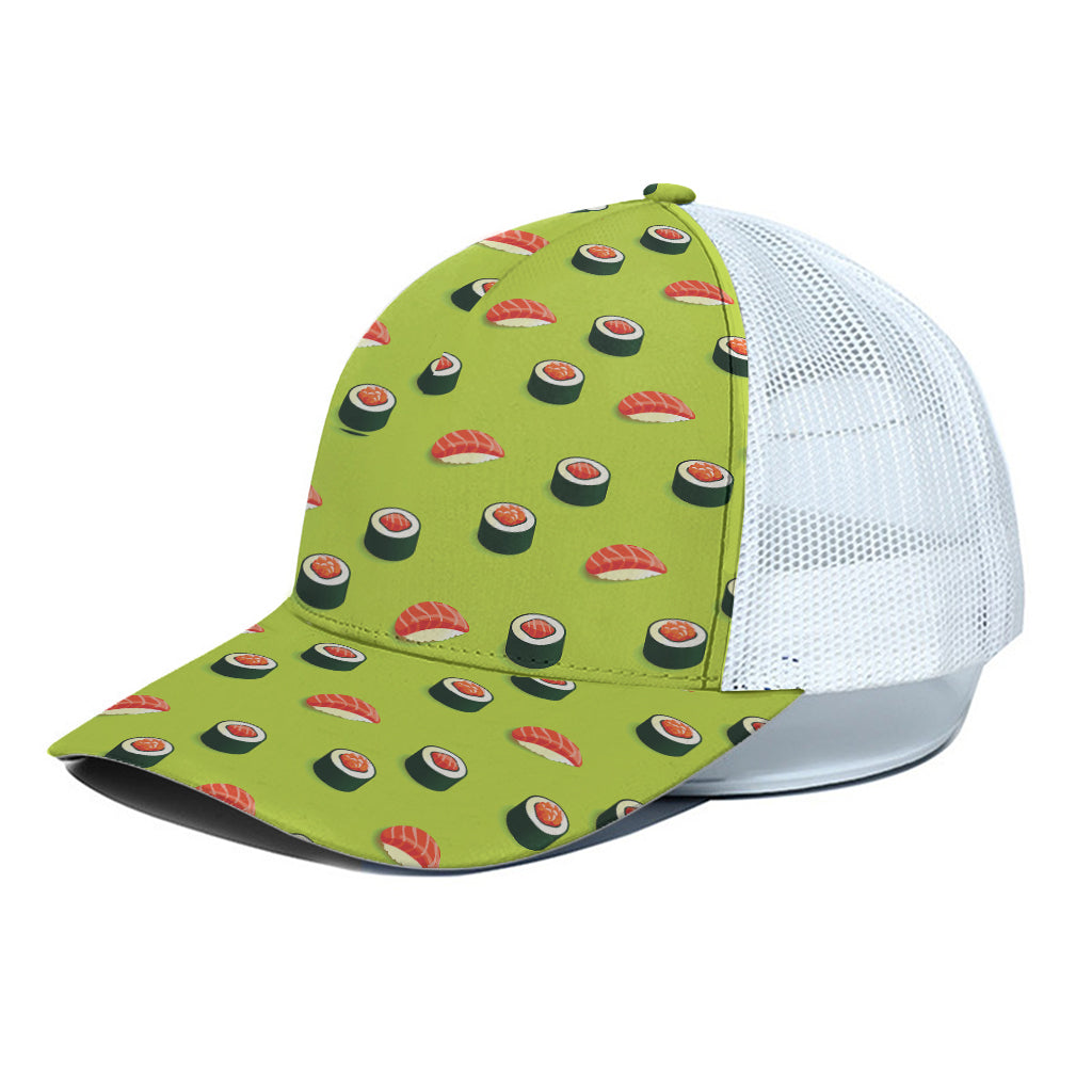 Salmon Sushi And Rolls Pattern Print White Mesh Trucker Cap