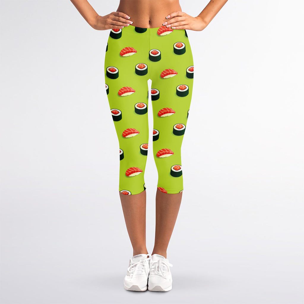 Salmon Sushi And Rolls Pattern Print Women's Capri Leggings
