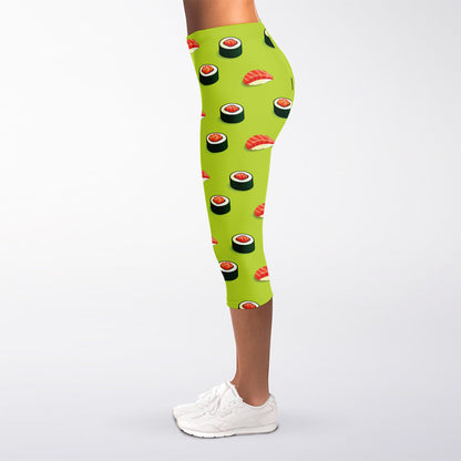 Salmon Sushi And Rolls Pattern Print Women's Capri Leggings