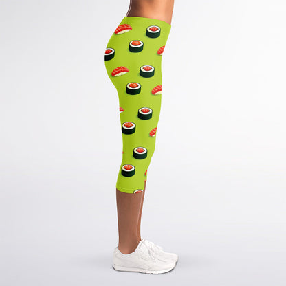 Salmon Sushi And Rolls Pattern Print Women's Capri Leggings