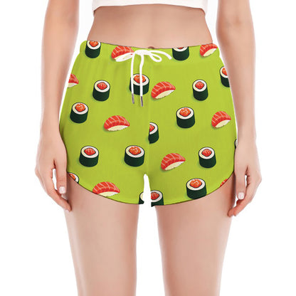 Salmon Sushi And Rolls Pattern Print Women's Split Running Shorts