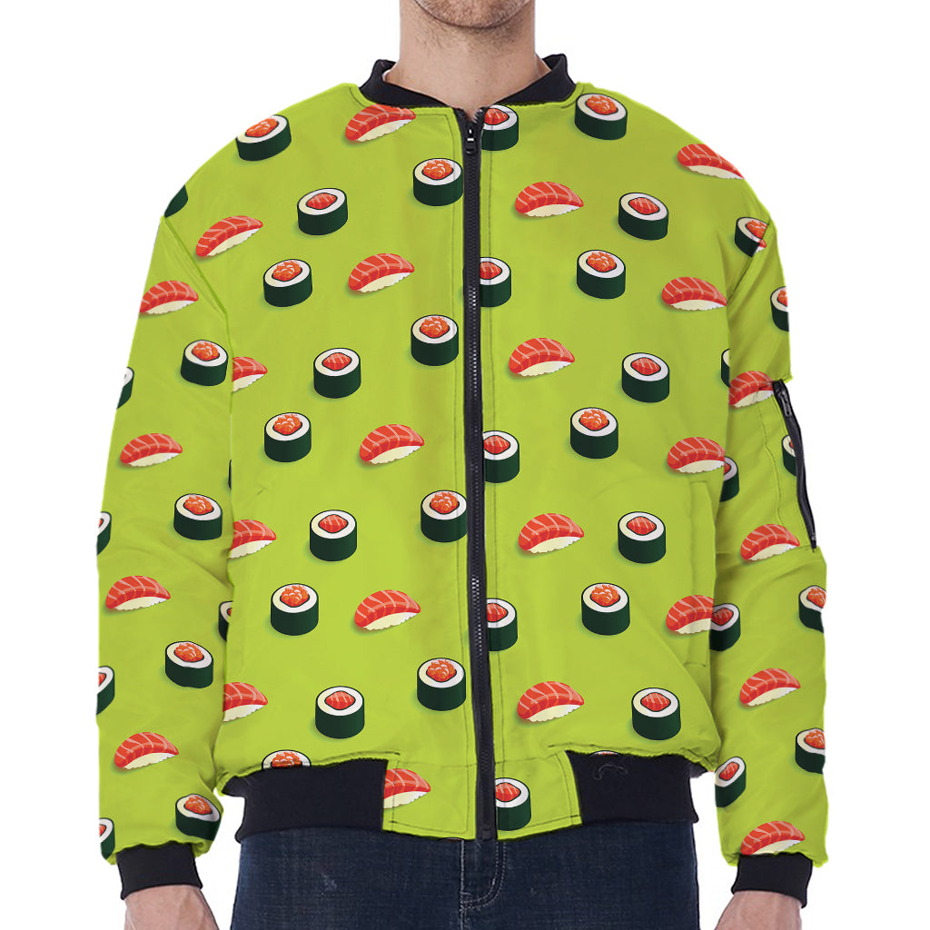 Salmon Sushi And Rolls Pattern Print Zip Sleeve Bomber Jacket