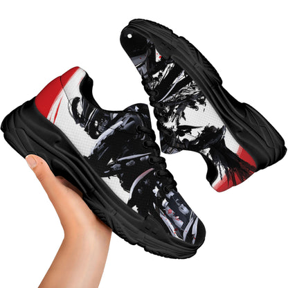 Samurai And Crow Print Black Chunky Shoes