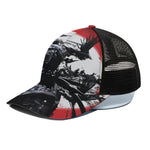 Samurai And Crow Print Black Mesh Trucker Cap