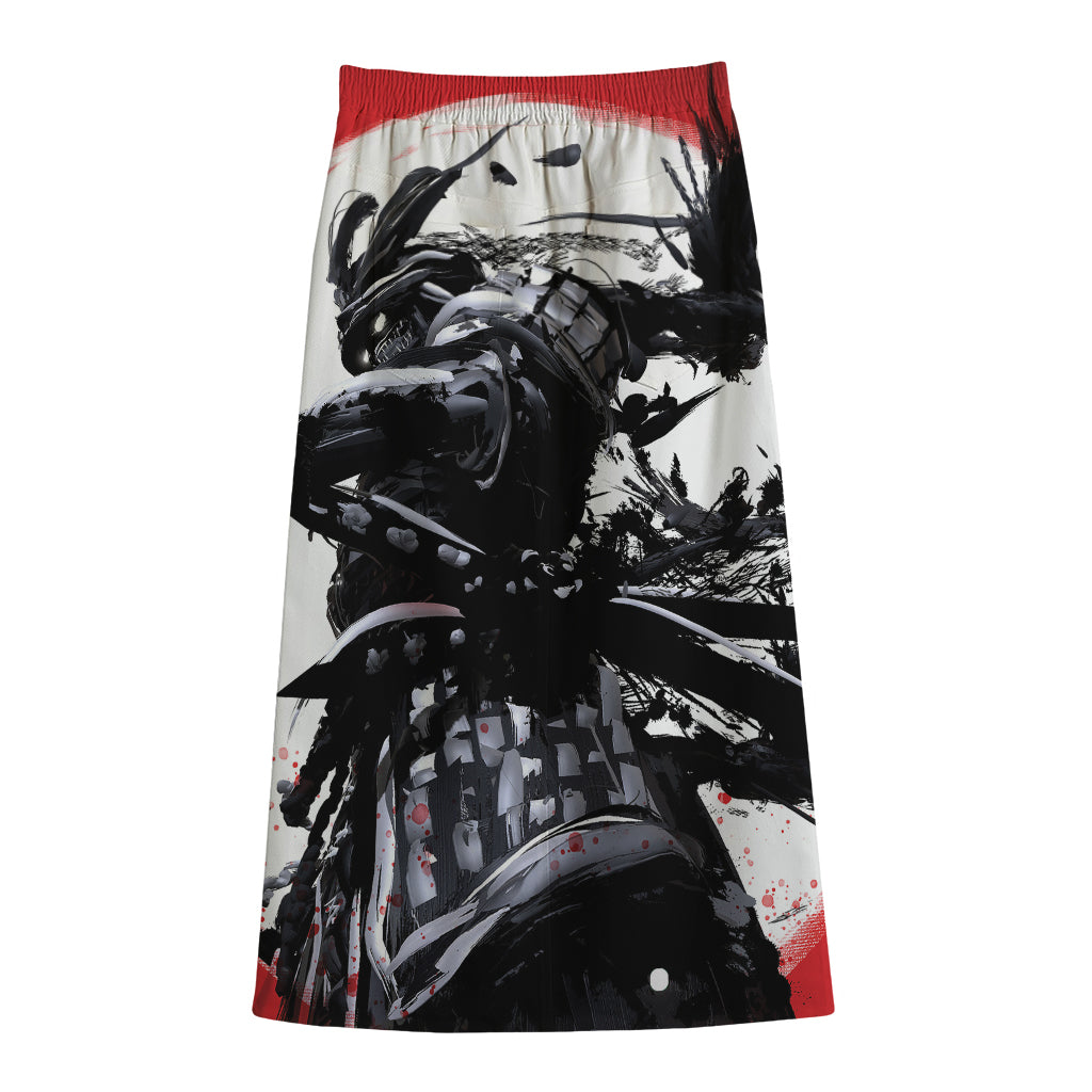 Samurai And Crow Print Cotton Front Slit Maxi Skirt
