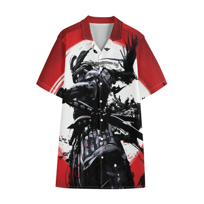 Samurai And Crow Print Cotton Hawaiian Shirt