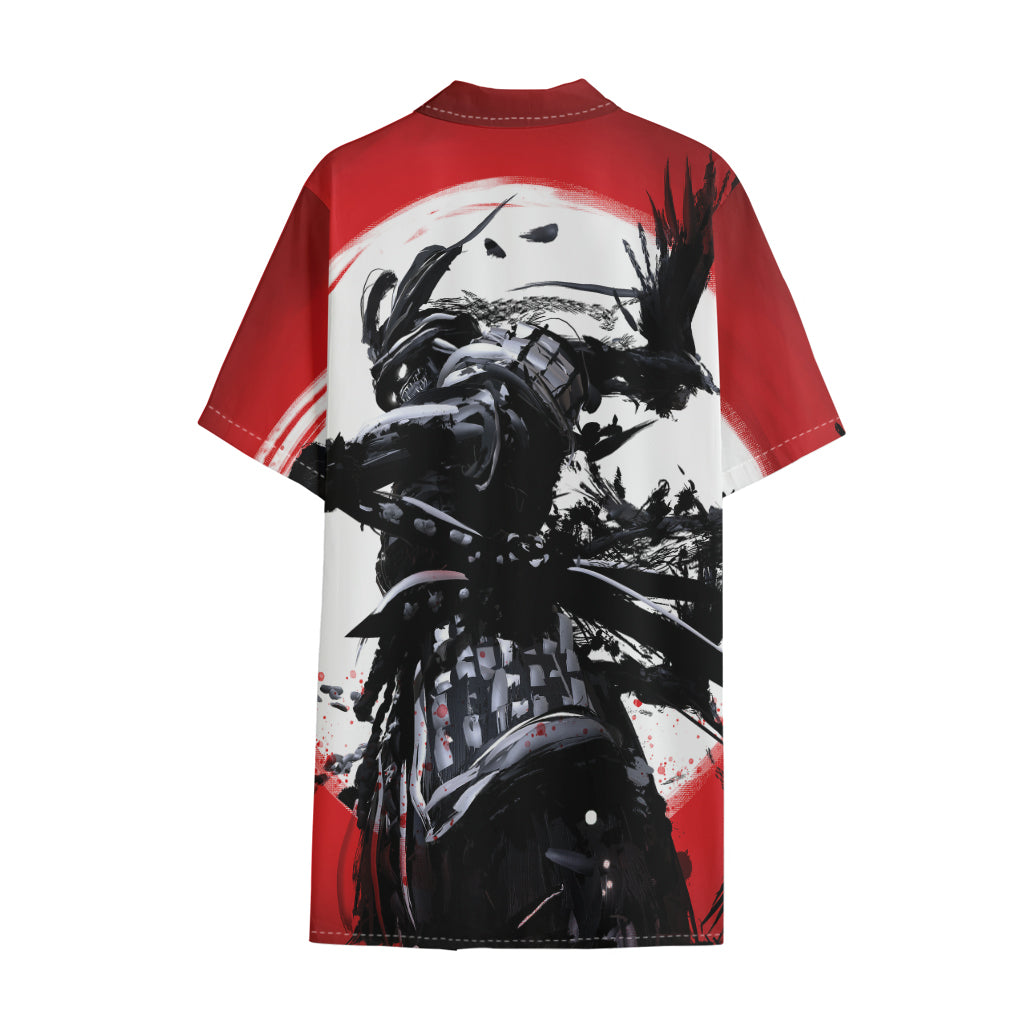 Samurai And Crow Print Cotton Hawaiian Shirt