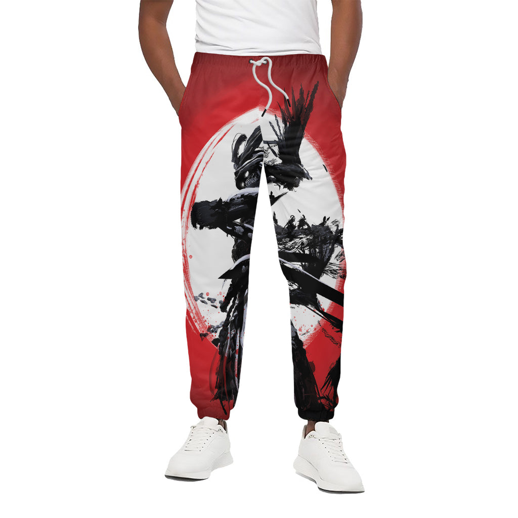 Samurai And Crow Print Cotton Pants