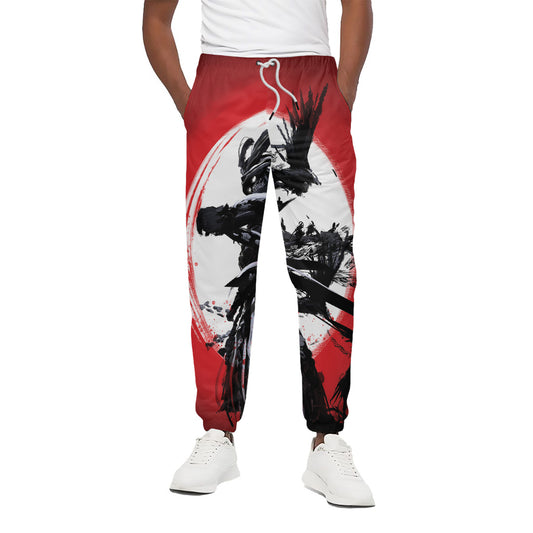 Samurai And Crow Print Cotton Pants