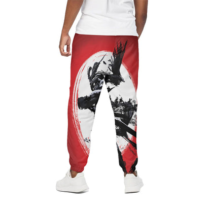 Samurai And Crow Print Cotton Pants
