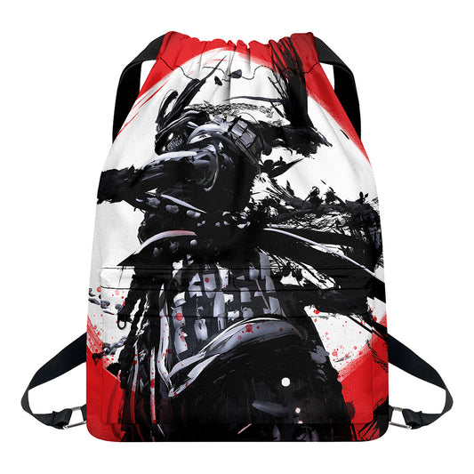 Samurai And Crow Print Drawstring Backpack